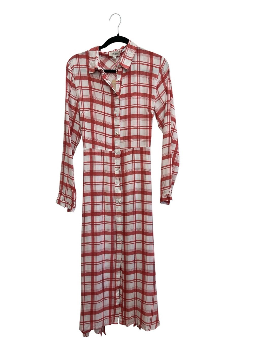 Umgee Plaid Button Front Shirt Dress Rayon Tie Waist Red White Small NWT Cottage - Picture 2 of 10